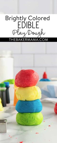 colorful play dough stacked on top of each other with the title text overlay reading brightly colored edible play dough