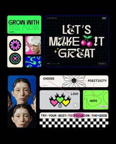 various stickers and magnets on a black background with the words let's make it great