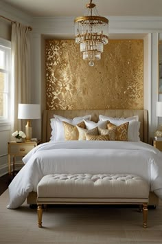 a bedroom with gold and white decor on the walls