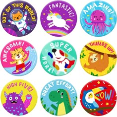 six buttons with different cartoon animals and words on them, including one that says'we are