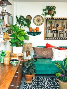 a living room filled with lots of plants and decor on the wall above it is a green couch surrounded by potted plants