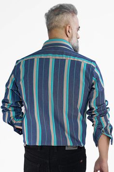 Unleash your casual cool with the Indigo Blue Denim Shirt featuring Copperfield Brown and Bahama Blue stripes. The denim fabric exudes laid-back charm, while the unique stripe combination with a cutaway collar adds a touch of flair to your outfit. Whether it's a day out with friends or a weekend adventure, this shirt will keep you looking effortlessly stylish. Embrace the timeless appeal of denim with a modern twist! Fused collar and cuffs, collar stand and flat felled side seams provide structu Striped Denim, Blue Denim Shirt, Cutaway Collar, Bahama Blue, Cotton Shirts For Men, Shoulder Shirts, Indigo Blue, Collar And Cuff, Denim Fabric