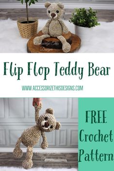 a crocheted teddy bear sitting on top of a wooden tray next to a potted plant