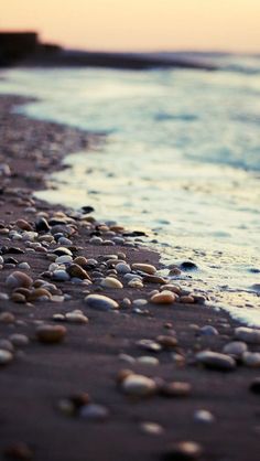 the beach is covered with small shells and waves coming in from the water at sunset