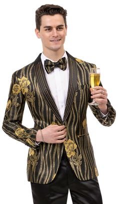 Black & Gold Floral Print Fashion Blazer J154 Bow Tie With Ribbon, Black And Gold Prom Suit, Gold Prom Suit, Tie Packaging, Floral Prints Fashion, Prom For Guys, Pants And Shirt, Button Shawl, Prom Tuxedo