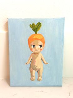 a painting of a baby doll with a carrot on it's head, standing in front of a blue background