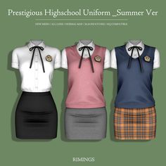 three women's school uniforms in different colors and sizes, with the caption precious high school uniform - summer version