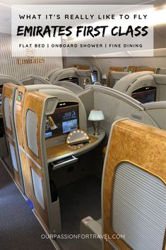 the inside of an airplane with text overlay that reads, what it's really like to fly emirates first class