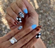 Fun Art Nails, Red Checker Nails, Tortoise Nails Almond, Ghost Cowboy Nails, Western Beach Nails, Almond Nails Western, Square Checkered Nails, Country Inspired Nails, Cowboy Ghost Nails