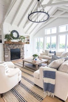 a living room filled with furniture and a fire place in the middle of a room