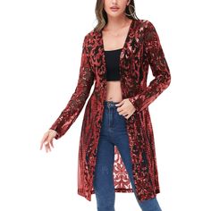 The Anna-Kaci Women's Long Sequin Cardigan Open Front Sheer Duster Jacket is a glamorous and stylish addition to your wardrobe. Made from lightweight, sheer fabric, this duster jacket features all-over sequins that add a touch of sparkle and sophistication to any outfit. The open front design and long length provide a flattering and elegant silhouette, perfect for layering over dresses, tops, or even swimwear. Ideal for special occasions, evening events, or whenever you want to make a statement, Cardigan Western Outfit, Sequin Duster, Sheer Duster, Sequin Cardigan, Duster Jacket, Red Sequin, Sheer Fabric, Cozy Knits, Western Outfits