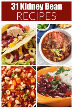 different types of food that include beans, rice and corn are featured in this collage