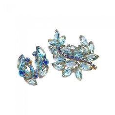 Blue Rhinestone Frond Set Blue Rhinestones, Vintage Costume Jewelry, Vintage Costumes, Pale Blue, Blue Glass, Costume Jewelry, Gold Tones, Crown Jewelry