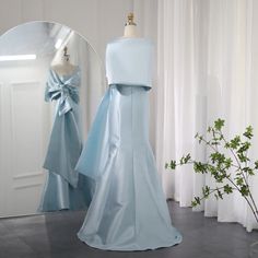 Elegant Blue Evening Dress With Detachable Train, Light Blue Banquet Gown With Sweep Train, Light Blue Gown With Sweep Train For Banquet, Elegant Light Blue Gown With Sweep Train, Light Blue Mermaid Dress For Wedding In Prom Season, Light Blue Mermaid Dress For Wedding And Prom Season, Light Blue Evening Dress With Sweep Train For Banquet, Blue Satin Mother Of The Bride Dress, Light Blue Satin Gown For Wedding