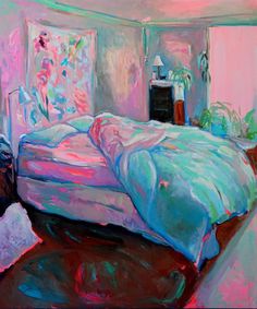 a painting of a bed in a room with pink and blue decor on the walls