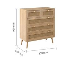 an image of a wooden dresser with measurements for the drawers and drawers on each side