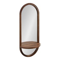 an oval wooden shelf with a mirror on the top and bottom section, against a white background