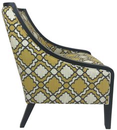 a yellow and white patterned chair on a black wooden frame with an ornate pattern in the back