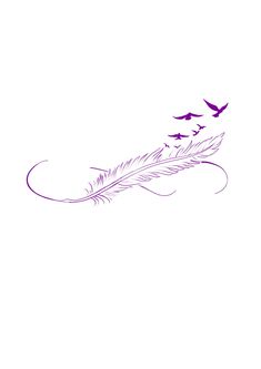 a drawing of a feather and birds flying in the sky with one bird on it's tail