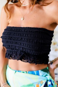 Turn up the heat with the Avery tube top! This spicy top will add some sizzle to your wardrobe. Get ready to stand out and spice things up with this fun and flirty tube top. Perfect for a night out or a day at the beach. (Caution: may cause heatwaves and turning heads!) Color: Black Strapless Tube Top Ruffle Detail Lace Hem Trim Half Smocked Back Slight Stretch No zipper closure True to size Model is wearing a size Small. She is 5'6". 130lbs. Bust: 34" Waist 26" Hips 36" Bottom Workout, Head Color, Lace Hem, Day At The Beach, Dressy Tops, Swimwear Sale, Outerwear Sweater, Turn Up, Dressy Casual