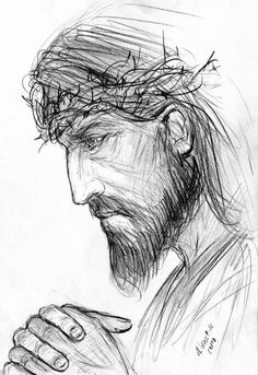 a drawing of jesus holding his hands together