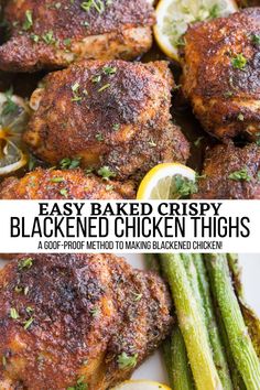 baked crispy blackened chicken thighs with lemons and asparagus