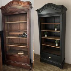 two wooden bookshelves next to each other