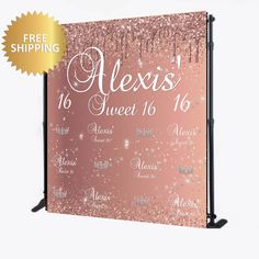 a pink backdrop with the words alex's sweet 16 on it and sparkles in the background