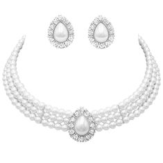 Teardrop Simulated Pearl And Rhinestone Crystal 3 Piece Choker Necklac – Rosemarie Collections Timeless Jewelry