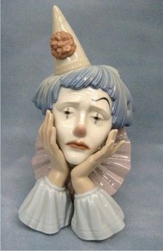 a ceramic figurine with a hat on it's head and hands under his chin