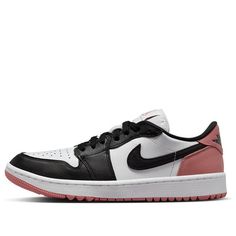 The Air Jordan 1 Retro Low Golf 'Rust Pink' is the perfect combination of style and performance. This sneaker features a white leather base, black overlays, and Swooshes. The highlight of this shoe is the rust pink hue on the back overlays, Jumpman Golf tongue branding, insoles, and golf-specific rubber outsoles. It's perfect for a day on the course or a night on the town. The design is inspired by the iconic Air Jordan 1 silhouette, making it a must-have for any sneakerhead. (AJ1/SNKR/Casual/Unisex/Low Top/Non-Slip/Wear-resistant) Sporty Jordan Shoes With Contrast Sole, Sporty Jordan Shoes With Contrast Sole For Sports, White Leather Training Sneakers, Sporty Training Sneakers With Perforated Toe Box, Sporty Black Jordan Shoes With Perforated Toe Box, Black Sporty Jordan Shoes With Perforated Toe Box, White Sporty Skate Shoes For Training, Sporty White Skate Shoes For Training, Low Air Jordan 1