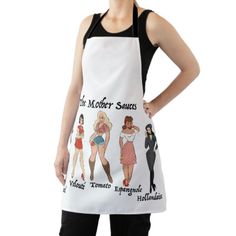 a woman wearing an apron that has pictures of women in different outfits on it,