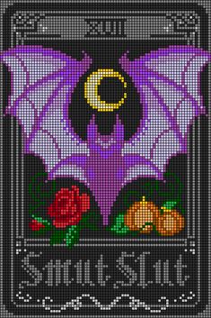 a cross stitch pattern with a bat on it's chest and the words smile at you