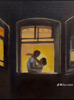 a painting of a man and woman embracing each other in front of a window at night