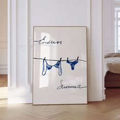 an art print with clothes hanging on a line in front of a bed and window