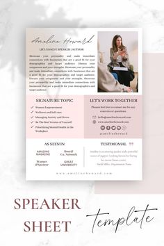 a pink and white flyer template with the words speaker sheet on top of it