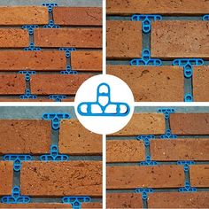 three pictures of red bricks with blue chains on them and the same brick in between