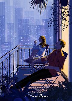 two people sitting on a balcony overlooking the city at night, drinking coffee and talking