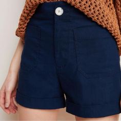 Beautiful High Waisted Patch Pocket Shorts From Anthro In Navy Blue. Fabric Is Lightweight And Stretchy 45% Viscose 35% Linen 15% Cotton 3% Elastane. Brand New Condition. Approx Measurements Waist-28" Inseam-3" Rise-12" Blue High Waist Bottoms, Navy Mid-rise Casual Bottoms, High-rise Relaxed Fit Shorts For Workwear, Versatile High Waist Blue Bottoms, High Rise Relaxed Fit Shorts For Workwear, Versatile Short Length Bottoms For Day Out, Rolled Hem Bottoms For Workwear, Versatile High-waisted Shorts For Day Out, Versatile Short Bottoms For Day Out