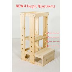 a wooden step stool with measurements for the steps up and down to it's top