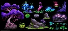 an image of some plants and rocks in the dark night time with glowing lights on them