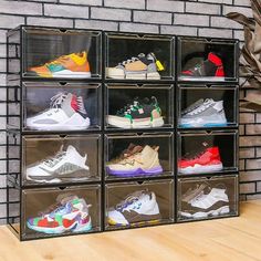 a display case filled with lots of different shoes