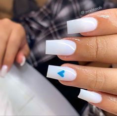 Blue Nails Polygel, Nail Designs Birthday Ideas Simple, White Acrylic Nails Coffin Short With Design, White Nail Acrylic Ideas, Acrylic Nails With Bf Initials Blue, Baddie Blue Nails Short, Birthday Nails Short White, Cute Baddie Nails Acrylic Short