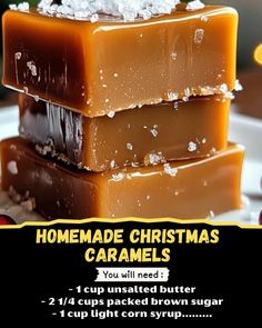 three homemade christmas caramels stacked on top of each other