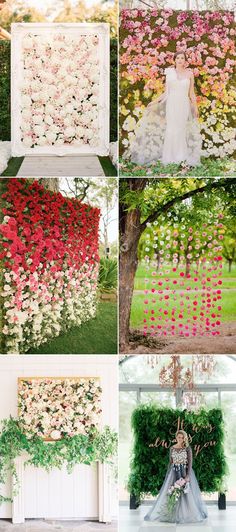 the wedding backdrop is decorated with flowers and greenery for an elegant touch to the outdoor space