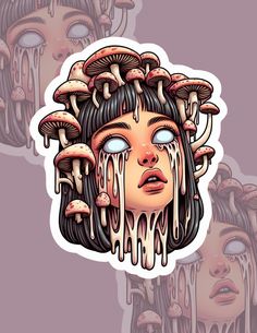 a sticker with an image of a woman's head covered in mushrooms