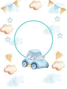 a blue car with clouds and stars around it