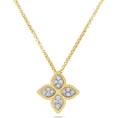 Discover pure elegance with the Princess Flower Medium Diamond Necklace by Roberto Coin. This exquisite piece, part of the Princess Flower collection, encapsulates the very essence of sophistication. Expertly crafted from 18K yellow gold, it features a captivating cluster of four diamond-studded petals, each meticulously detailed with delicate rope edging. Suspended gracefully on an adjustable open-link chain, this necklace radiates a timeless charm that effortlessly complements any attire.Indul Italian Jewelry Designers, Diamond Pendent, Princess Flower, Luxury Jewelry Brands, Historical Jewellery, Flower Collection, Diamond Birthstone, Italian Jewelry, Roberto Coin