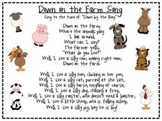 an animal poem with pictures of farm animals and words that say down on the farm song