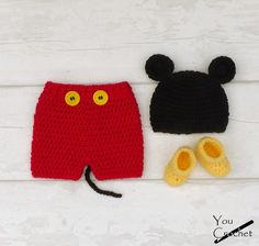 crocheted mickey mouse hat and diaper cover with slippers next to it